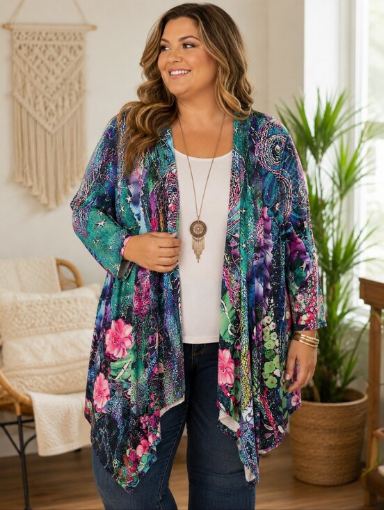 Sweaters - 🌸 Colorful Boho Watercolor Floral Open Front Drape Cardigan | Size 3XL